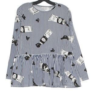 Zara Top Boho Artsy Eclectic Whimsical Paint Tube Print Peplum Stripe Blue Small
